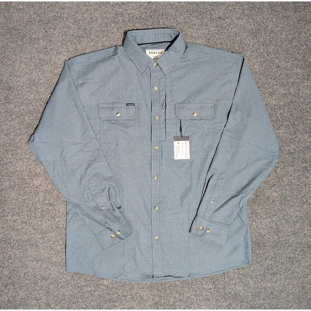 Poncho Flannel Shirt Mens Large Regular Fit Long Sleeve Blue